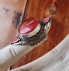 💍Ornate Agate and Coral Adjustable Statement Ring -One of a Kind!💍